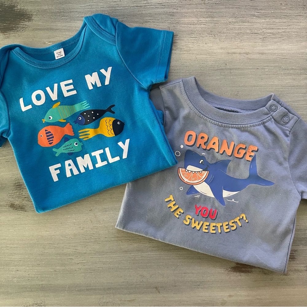 (2) 12M 🐟 Marine Themed Graphic Onsies